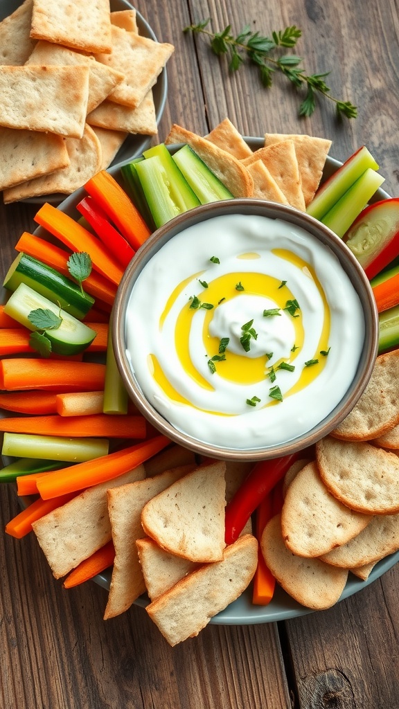 Creamy yogurt dip garnished with herbs, served with fresh vegetables and pita bread on a rustic table.